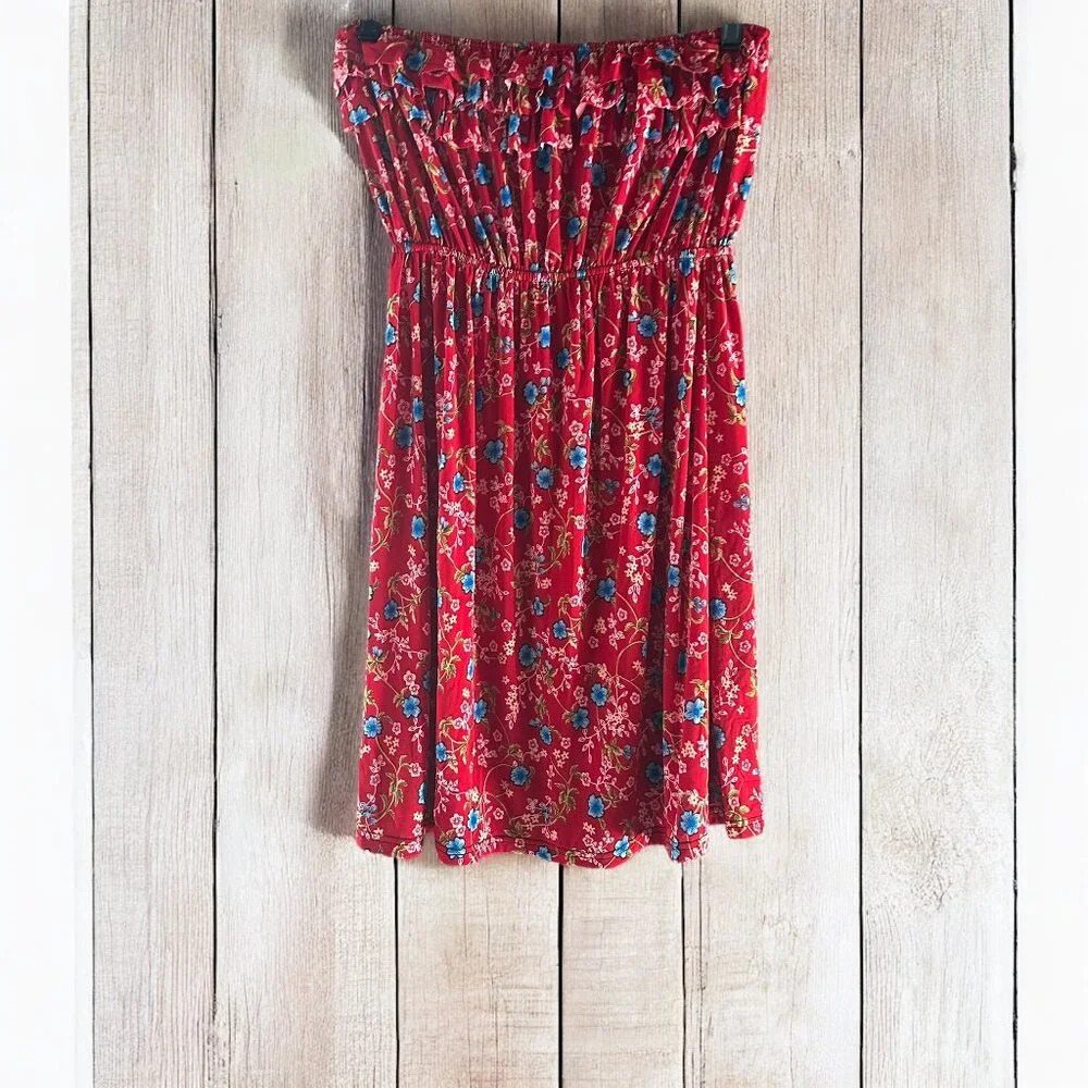 Vibrant Red Floral Strapless Dress - One Size Fits Most